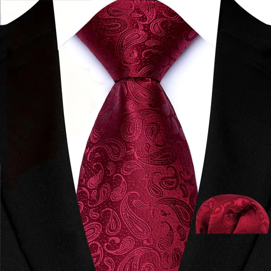 Luxus Herren Krawatte Set Jacquard Streifen Plaid Dot Krawatte Einstecktuch Set Dunkelrot für Männliche Männer Hochzeit Business Party Krawatten Geschenk – Detail 8