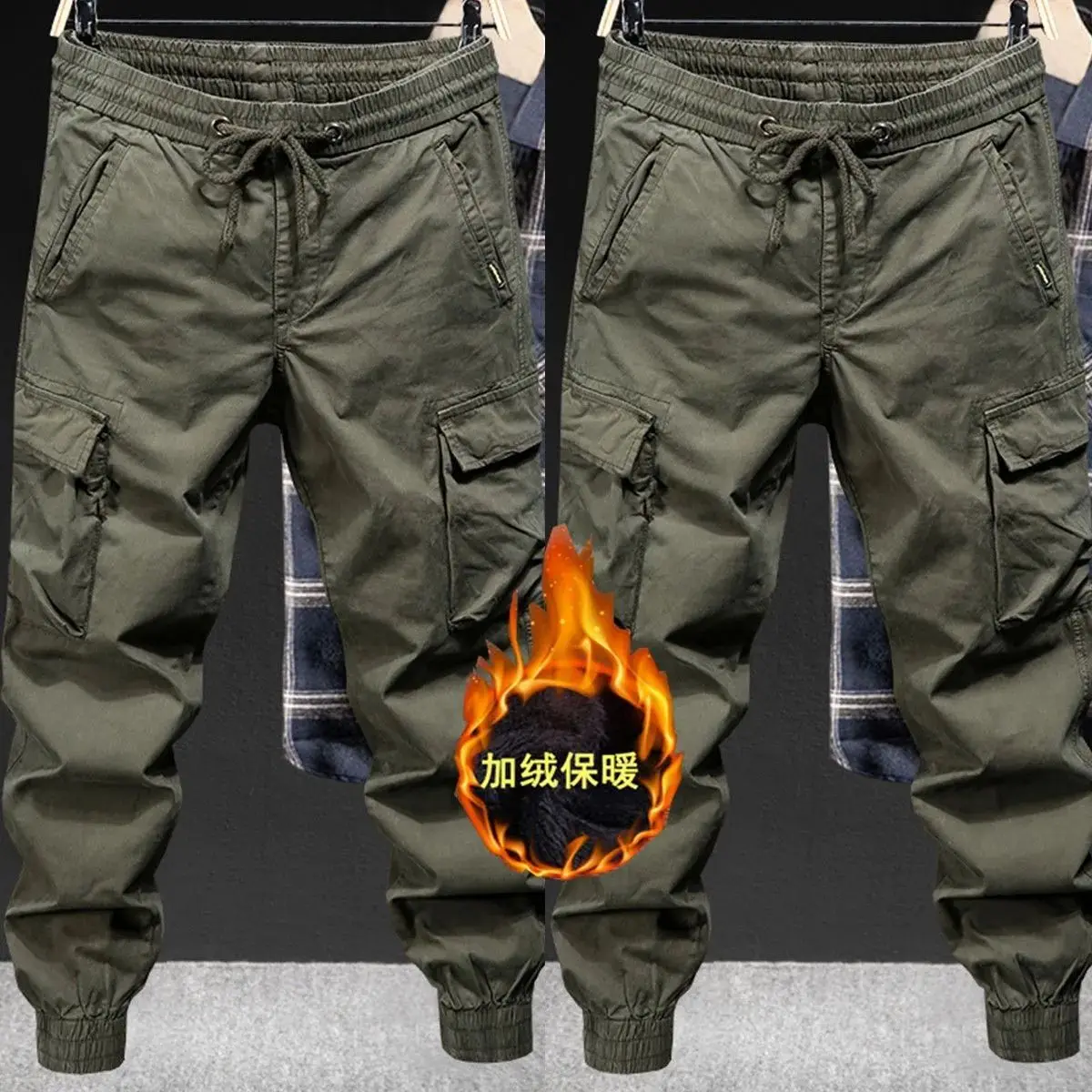 Velvet Thickened American Overalls for Men, Multi-pocket Leggings, Loose Large Size Outdoor Wear-resistant Trousers Cargo Pants