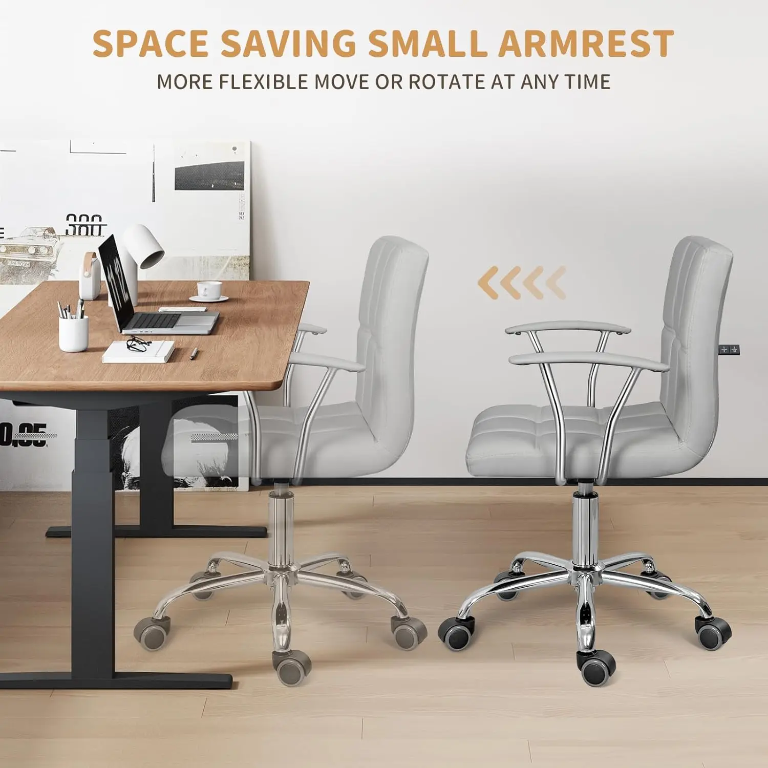 Home Office Desk Chair With Armrest And Wheels, Modern Pu Leather Mid-Back Office Task Chair, Height Adjustable Swivel Computer 5