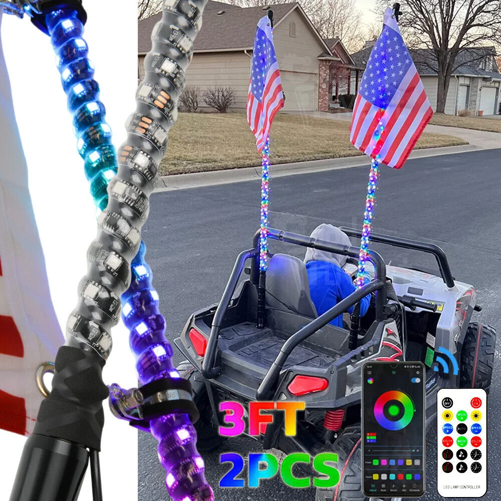 

2PCS 3FT Led Whip Light Led Car Led Light RGB Waterproof Bendable Remote APP Music Control LED Flagpole Lamp for SUV ATV UTV RZR