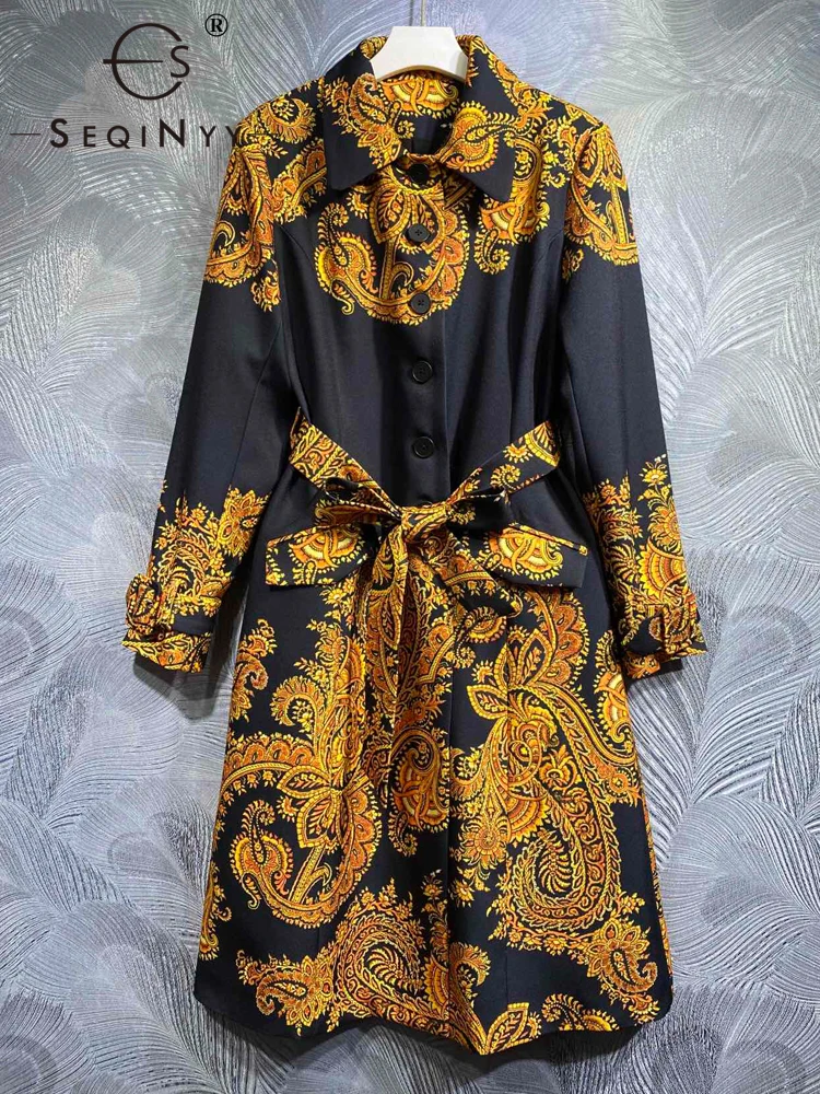 

SEQINYY Navy Long Trench Coat Spring Autumn New Fashion Design Women Runway High Street Vintage Flower Print Belt Elegant