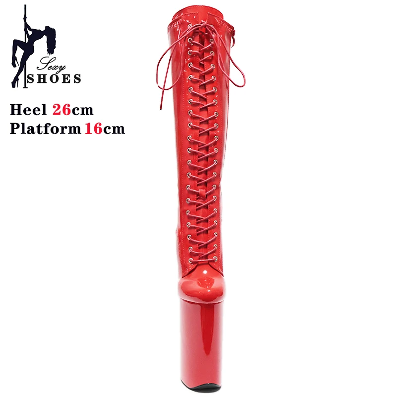 Red 26cm Thin High Heels Red Knee High Boots Women Platform Cosplay Pumps Lady Side Lace Nightclub Platforms Pole Dancing Shoes