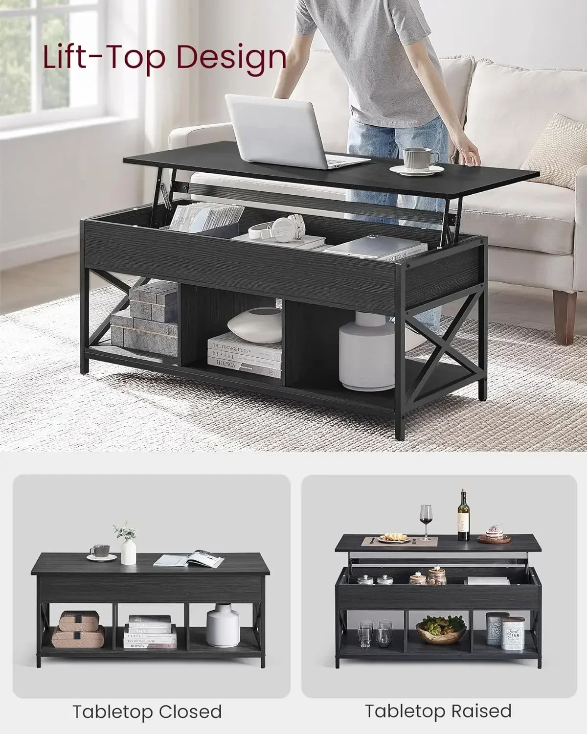 Lift Top Coffee Table, Lift Coffee Table with Storage Shelf for Living Room, OfficeBlack with Wood Grain 4
