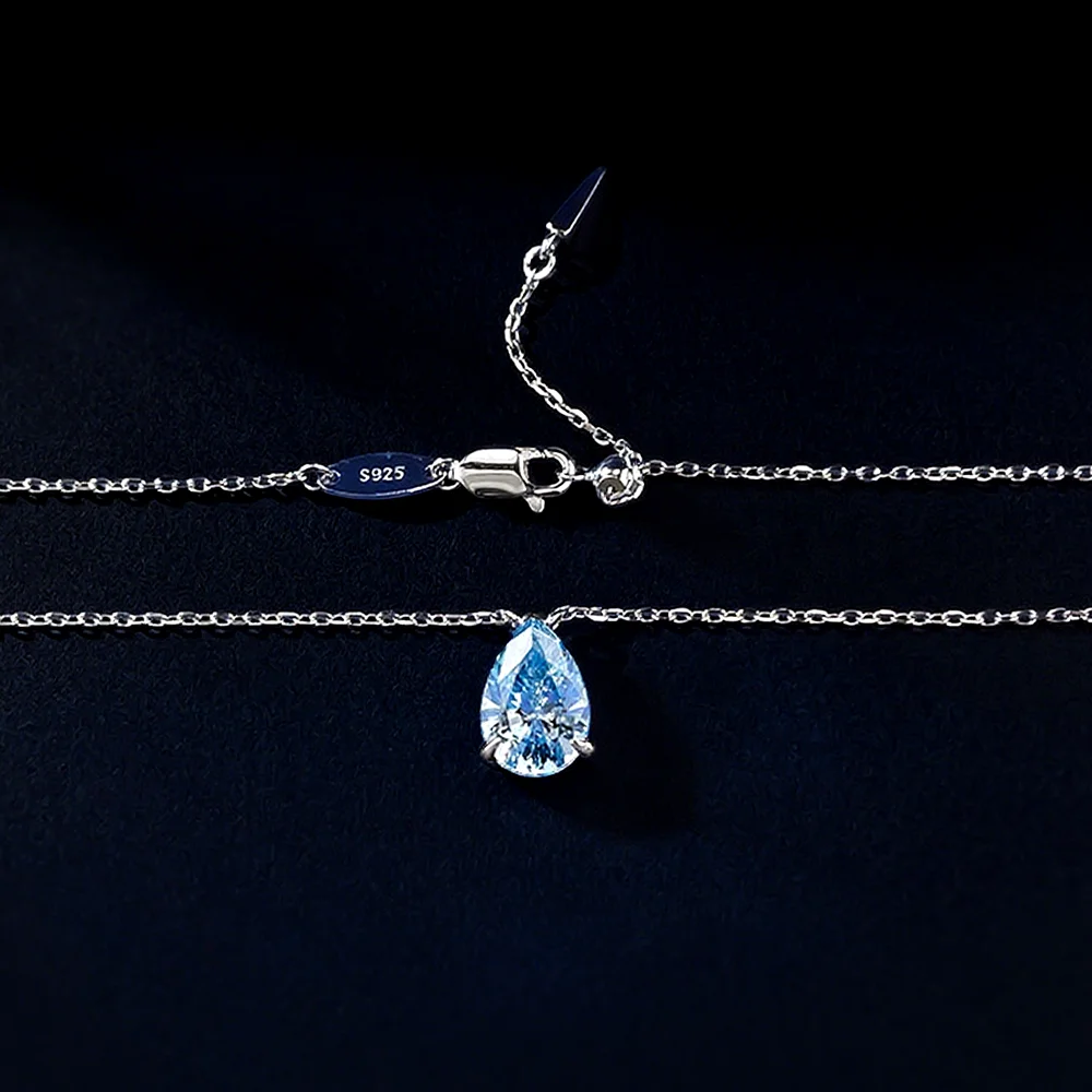 OEVAS 7*10 Pear Cut Blue Zircon Pendant Necklace S925 Silver