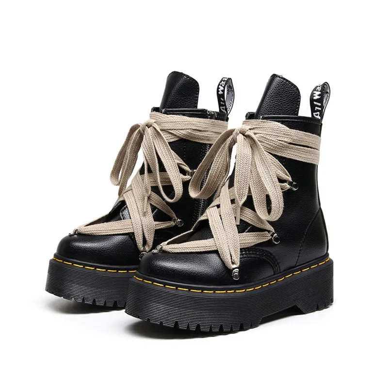 

2024 Spring Woman Boots Cross-Tied Thick-Soled Martin Boots Female Side Zipper Leather Boots Height Increasing Boots