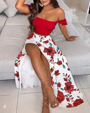 

European and American Summer Fashion Comfortable Women's New Dress Fashion Sexy off-Shoulder Top Split Dress Two-Piece Set