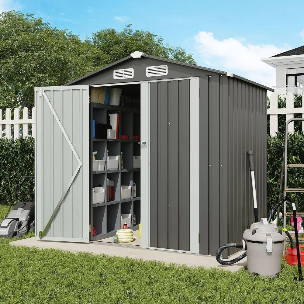 

6x4 FT Outdoor Storage Shed, Galvanized Steel Metal Garden Shed, Double Door W/Lock, Outdoor Storage Tool House