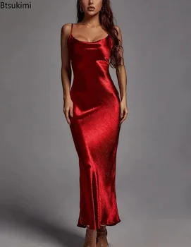 Abito maxi oro metallizzato Abito elegante da donna senza schienale in raso Abito estivo con cinturino per spaghetti senza maniche Night Club Party Abito lungo Vestido