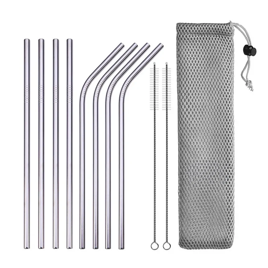 UPORS Reusable Metal Drinking Straws Set with Cleaning Brush and Pouch