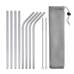 UPORS Reusable Metal Drinking Straws Set with Cleaning Brush and Pouch (E with bag)