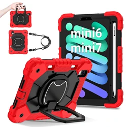 Heavy Duty Shockproof Silicone & PC Case with 360° Rotating Kickstand and Shoulder Straps - iPad mini 6 (2021) (Red black)