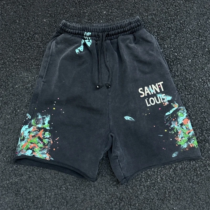 

24ss Washed Blcak SSSAINT LOUIS Shorts For Men Women 1:1 Best Quality Speckled Ink Drawstring Shorts