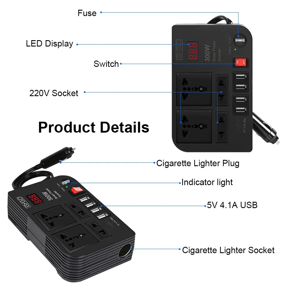 Overload Protection Car Inverter 4 AC Sockets 4 USB Ports ON OFF Switch Fuse 300W DC 12V to AC 220V Converter Power Adapter vehicle inverter car converter inverter car inverter car power converter power inverter