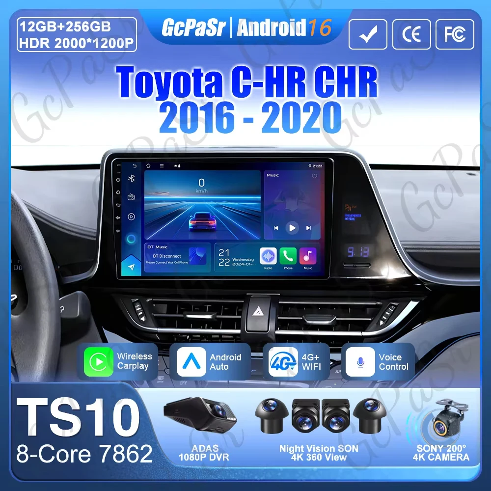 Android 16 Radio de coche para Toyota C-HR CHR 2016 - 2020 reproductor Multimedia Carplay navegación GPS 4G Wifi vídeo estéreo 2din 1