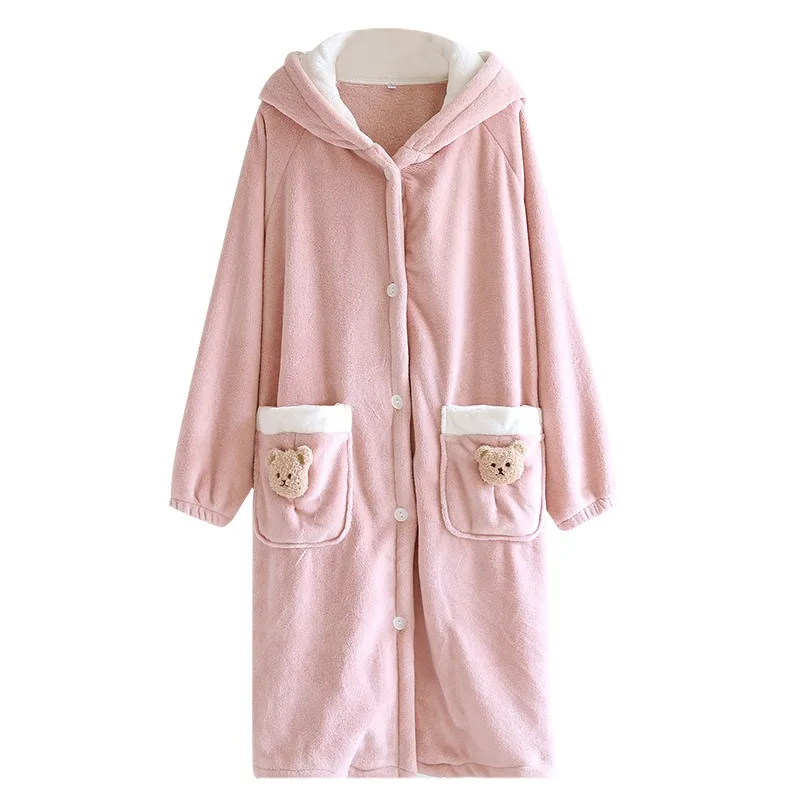 Coral velvet Nightgown Women's Autumn and Winter Long-sleeved Hooded Nightdress Cartoon Bear Double Pocket Knee-length Clothes new autumn and winter nightgown thickened and lengthened flannel couple nightgown coral velvet bathrobe men s nightgown