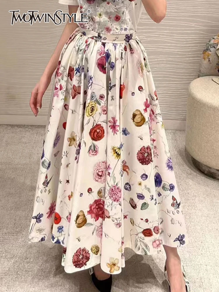 

TWOTWINSTYLE Colorblock Printing Casual Skirts For Women High Waist Patchwork Folds Temperament Loose Skirt Female Fashion 2023