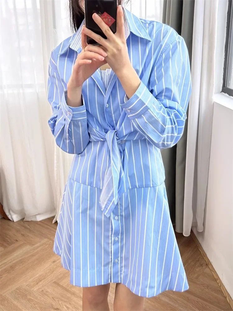 

Женское мини-платье в полоску, голубое однобортное платье с отложным воротником и длинным рукавом, весна-лето 2024