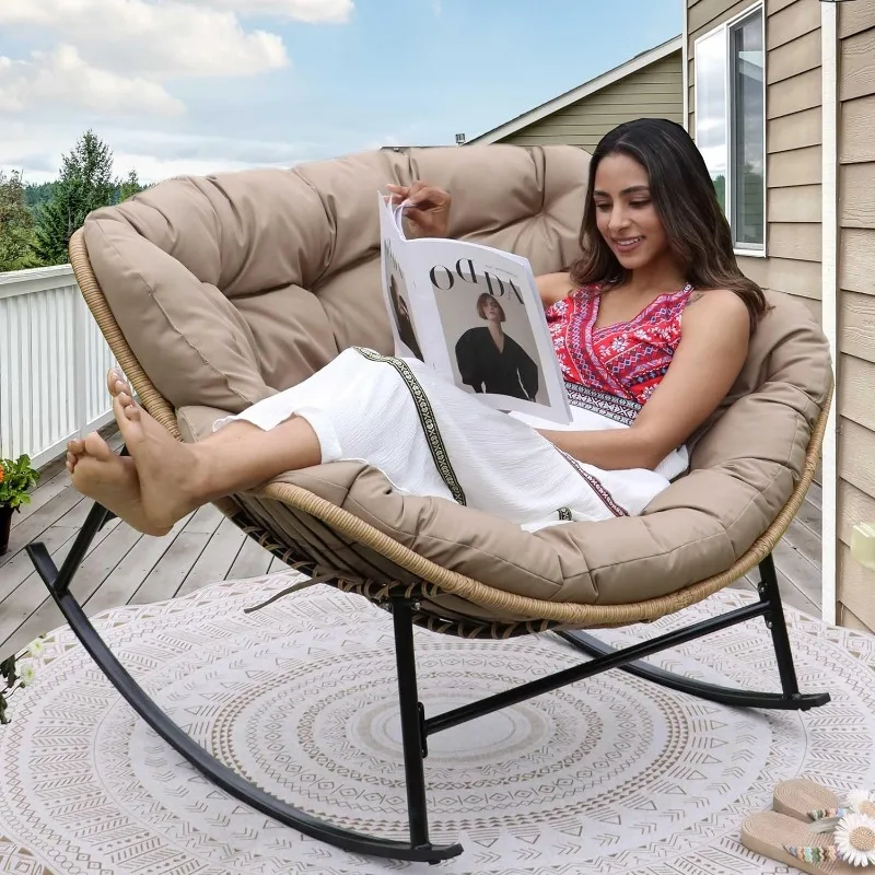 Indoor Outdoor Papasan Rocking Chair with Cushion, Oversized All Weather Patio Wicker Egg Rocker