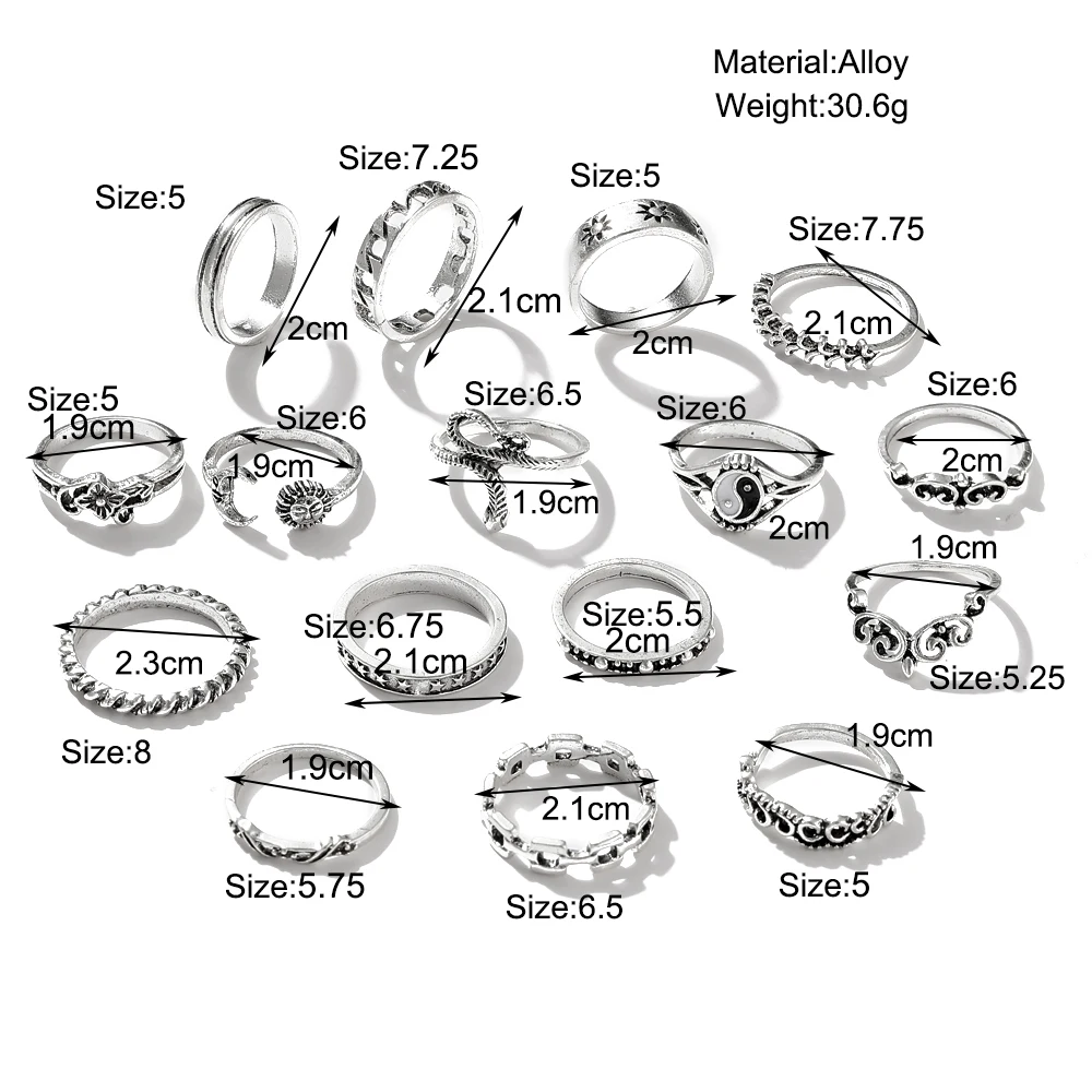 Ring Set Punk Gothic Butterfly Snake Chain for Women Black Dice Vintage Silver Plated Retro Rhinestone Charm Finger Jewelry