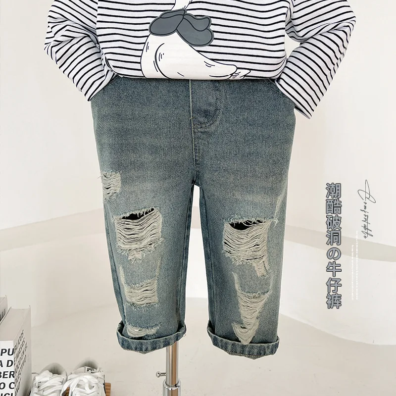 

Весна 2024 новинка детские брюки детские красные красивые брюки из сетчатой ткани с дырками модные Универсальные джинсы для мальчиков на весну и осень