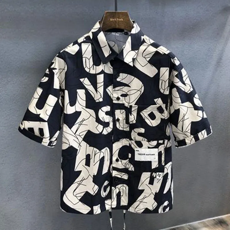 Elegant Fashion Harajuku Slim Fit Male Clothes Loose Casual Sport All Match Tops Square Neck Printed Button Short Sleeve Blusa