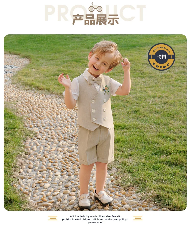 Kinder Sommer Anzug Set Formale Elegante Baby Kinder Hochzeit Anzüge Kinder Junge Weste Shorts Bowtie Outfit Set Kinder Anzug Für Jungen – Detail 2