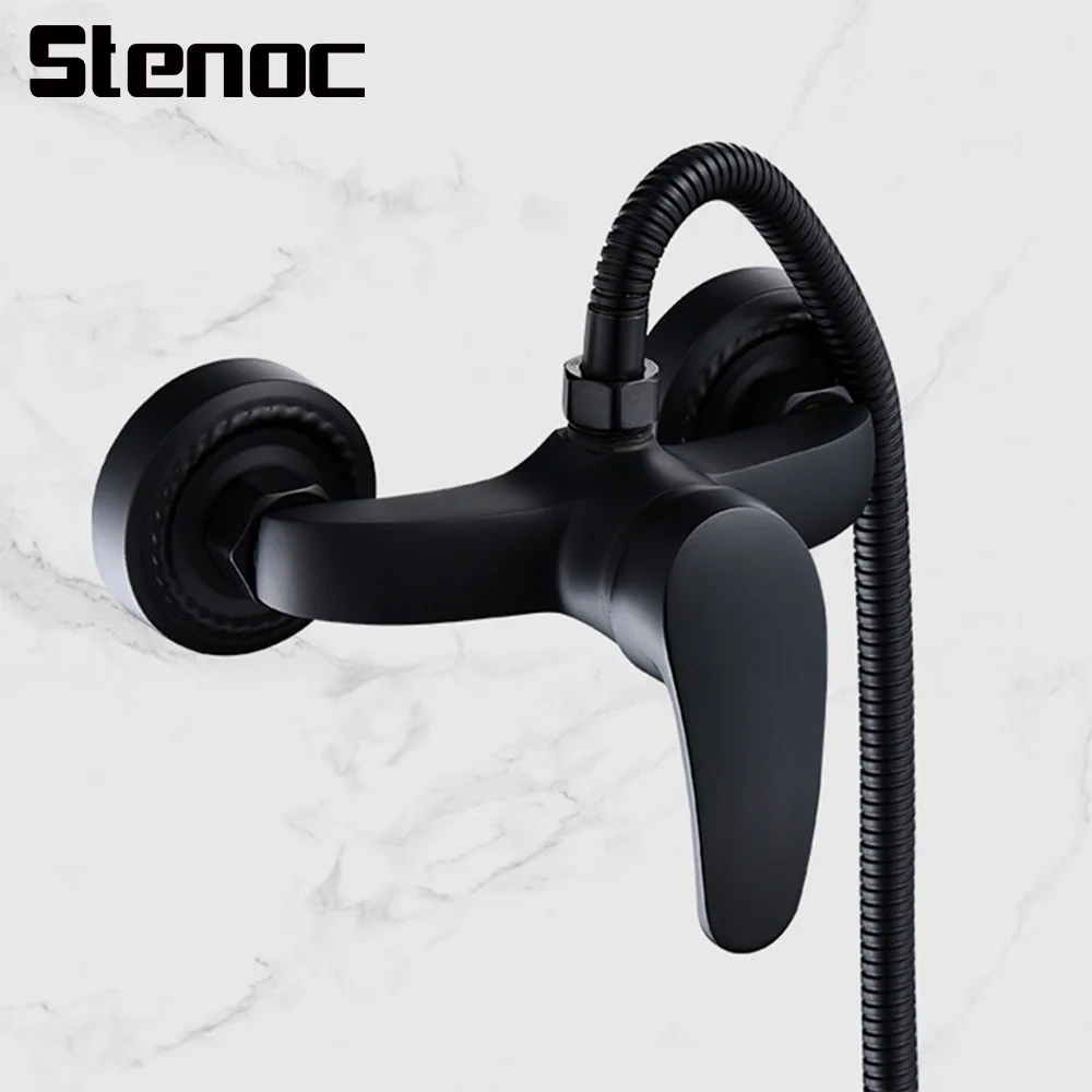 Stenoc เรียบง่ายสีดําทองเหลืองก๊อกน้ําวาล์วผสมติดผนัง Triple อ่างอาบน้ําก๊อกน้ําร้อนและเย็น TAP 1