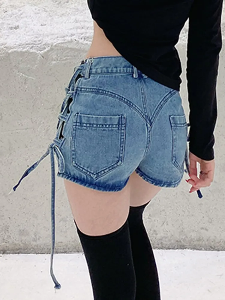 BPN Hit Color Fashion Spliced Bowknot Sexy Denim Shorts For Women High Waist Summer Patchwork Lace Up Shorts Female Clothing New