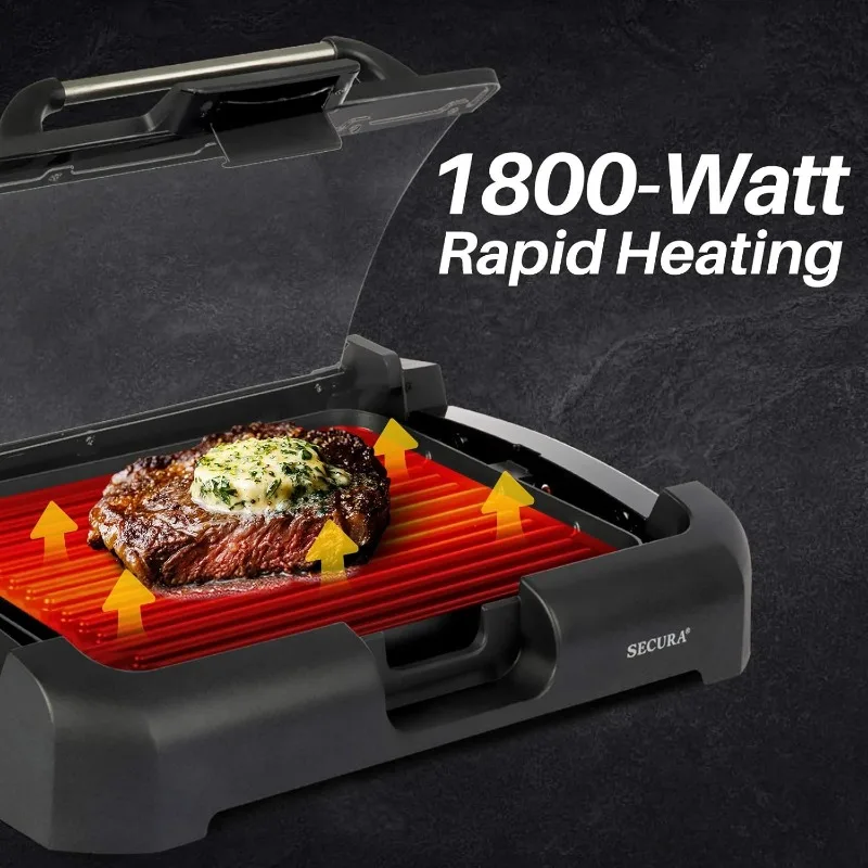 Smokeless Indoor Grill 1800-Watt Electric Griddle with Reversible 2 in 1 Grill and Griddle Plates Plate, Glass Lid. 3