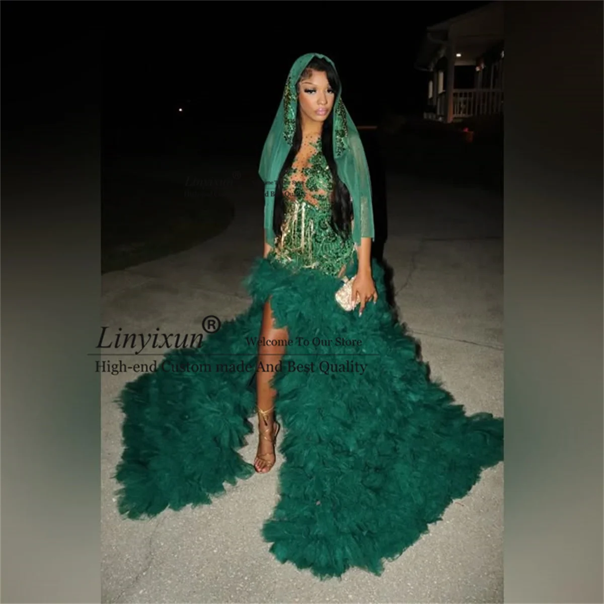 Sparkly Rhinestone Prom Dresses For Black Girl Ruffles Evening Party Dress Formal Sexy Women Long robe chic soir&eacute;e