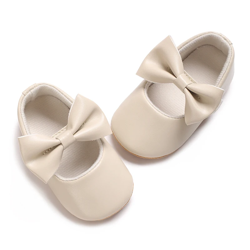 Solid Color 0-18M Baby Girl Mary Jane Flat Shoes With Butterfly Bow Rubber Anti Slip Children's First Walking Shoes Princess For