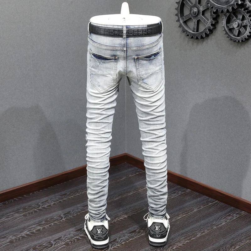 Street Fashion Men Jeans Retro Light Blue Stretch Skinny Fit Hole Ripped Jeans Men Bandana Patched Designer Hip Hop Brand Pants