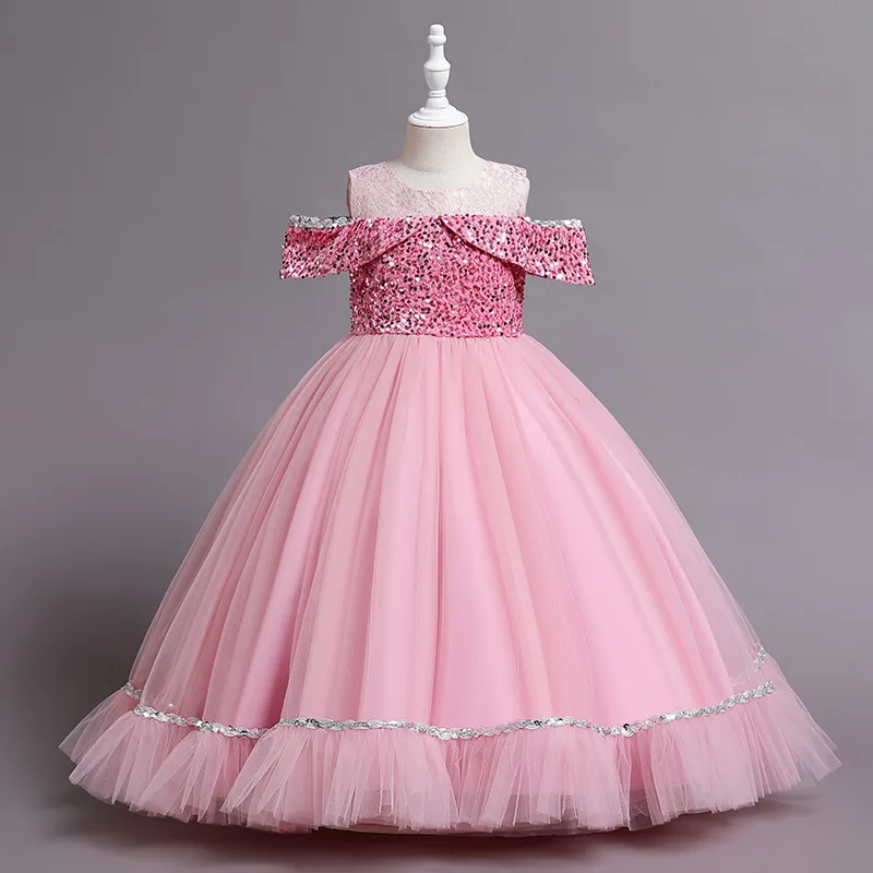 Children's princess dress lace one-shoulder long dress flower girl wedding lace beaded party princess flower girl dresses