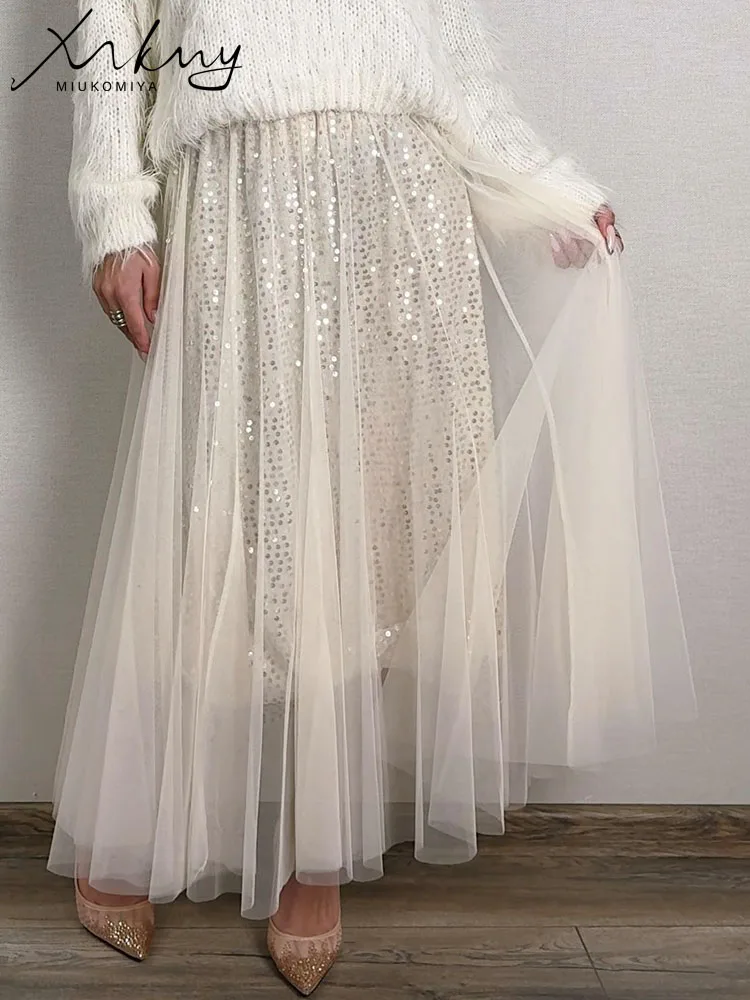 MiuKoMiYa Women Mesh Sequin Skirts Long High Waist Black Midi