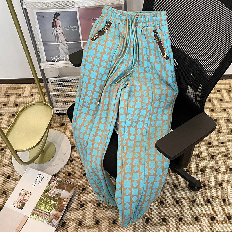 

Vintage Hit Green Plaid Pants Leggings Women Summer Loose Soft High Street High Waist Harlan Lantern Elastic Waist Sweatpants