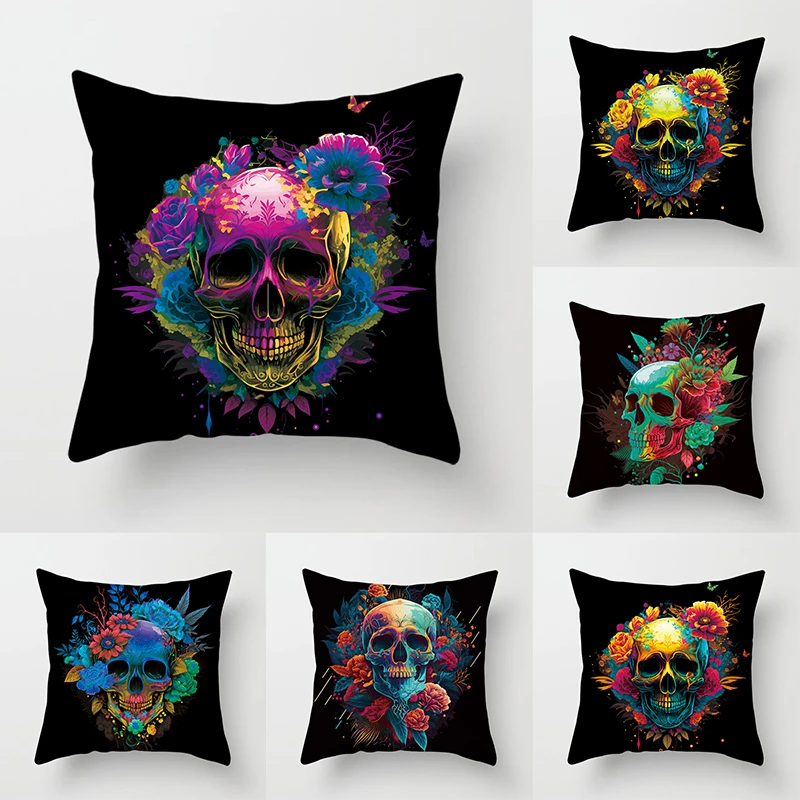 

Colorful Skull Flower Pillowcase Decorative Printing Square Car Sofa Fashion Cushion Cover 45*45cm Home Decoration