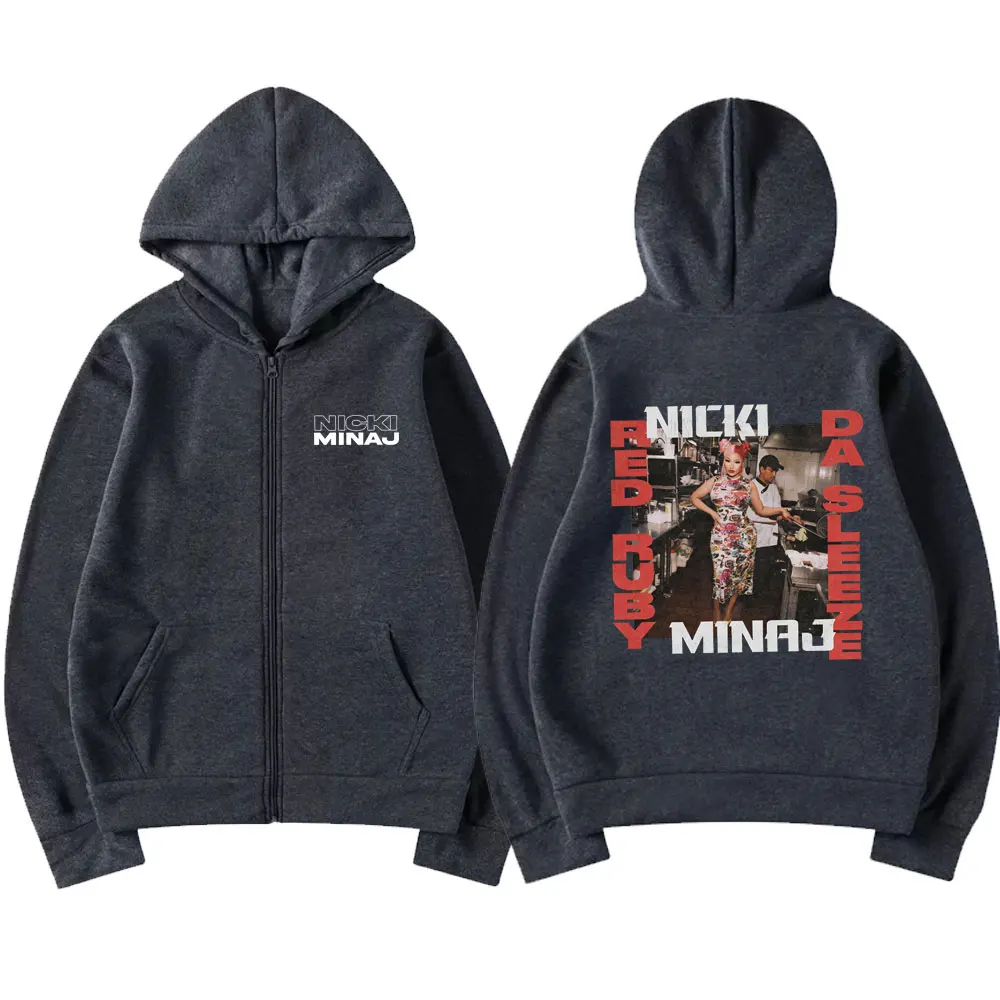 Rapper Nicki Minaj 2023 Music Album Red Ruby Da Sleeze Zipper Hoodie Men Women Vintage Hip Hop Sweatshirt Oversize Zip Up Jacket