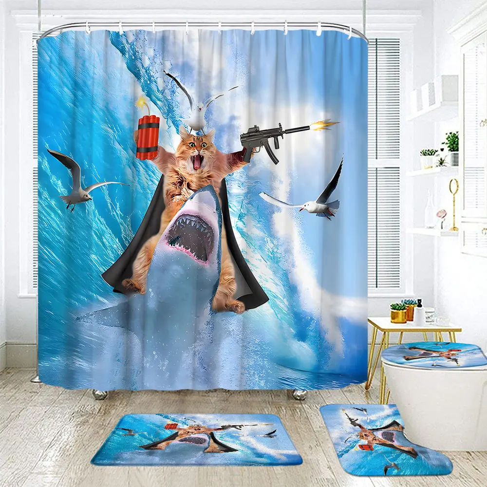 Funny Shower Curtains Set With Rug Cute Sea Cat Riding Shark Whale
