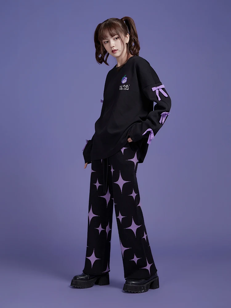 Purple And Black Hooded Three-Dimensional Bow Rose Print Long Sleeve Loose Sweatshirt Sweet Cool Top Pullovers Oversized Hoodies