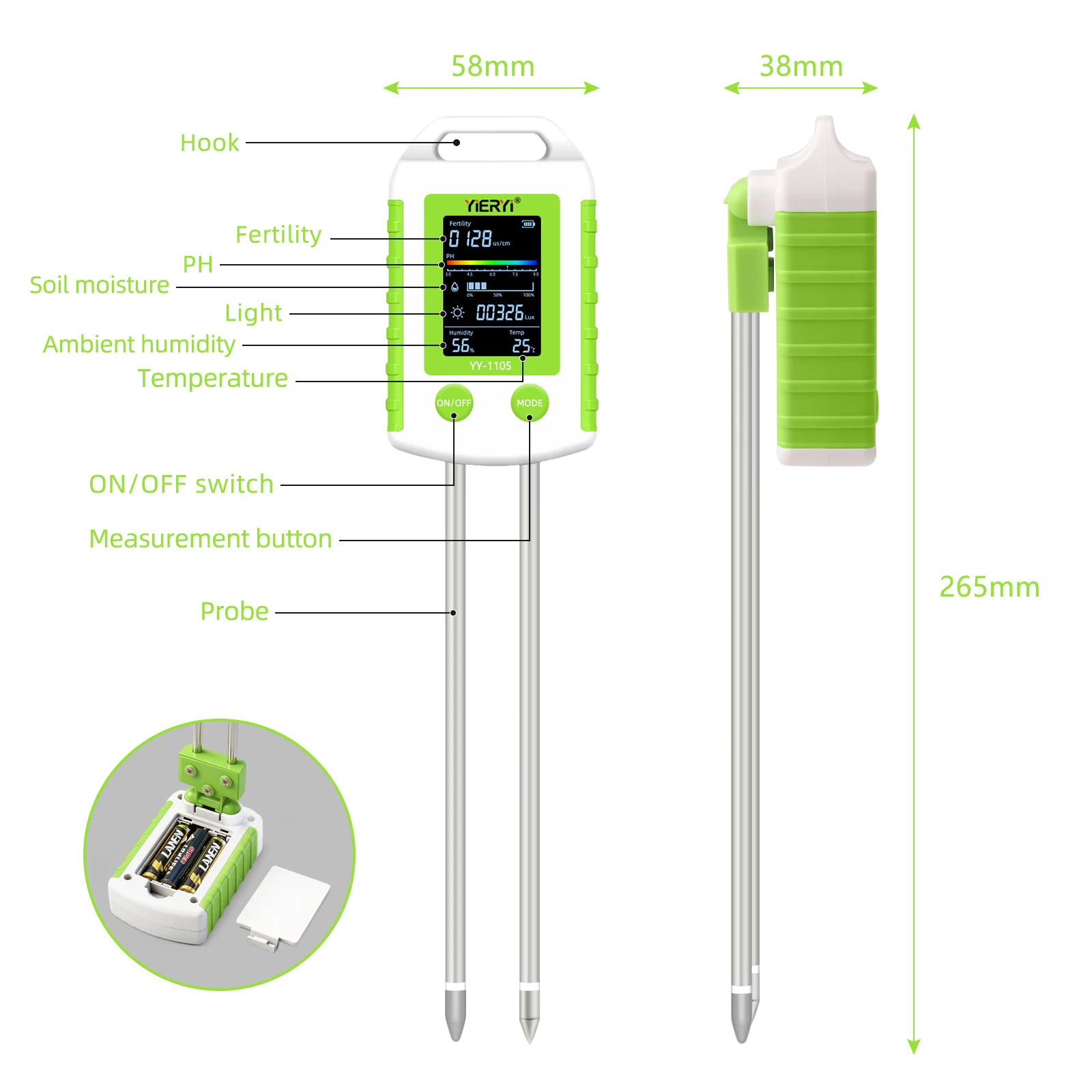 6-in-1 Soil PH Meter Fertility Temperature Humidity Light Tester 90° Rotatable L