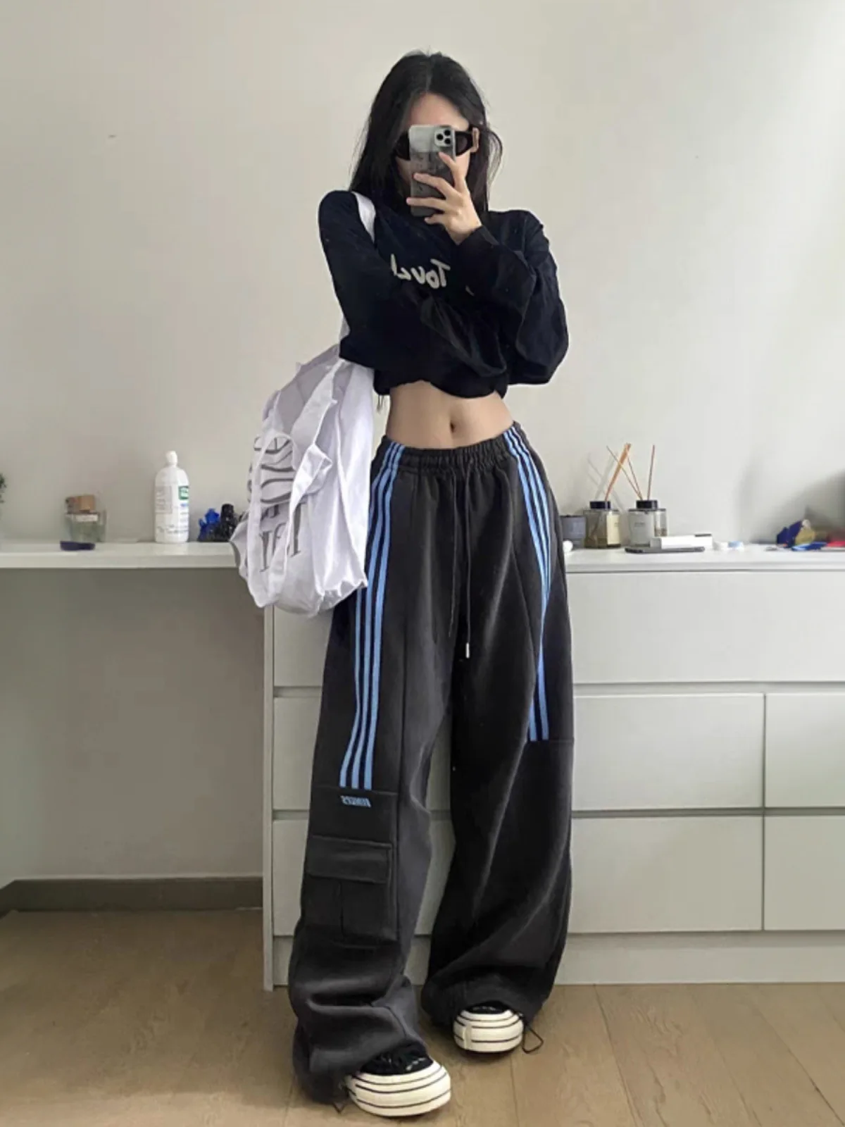MEXZT Oversized Striped Sweatpants Women Y2K Streetwear Cargo Pants Harajuku Wide Leg Joggers High Waist Baggy Sports Trousers 4