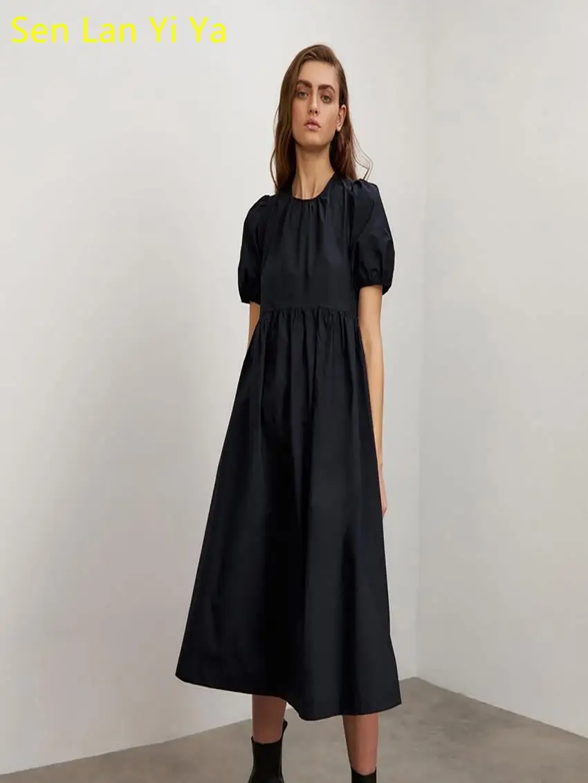 

Sen Lan Yi Ya Fashion Loose Black Cotton Women'S Summer Dress Casual Simple O-Neck Puff Sleeve High Waisted Ruched Long Dresses