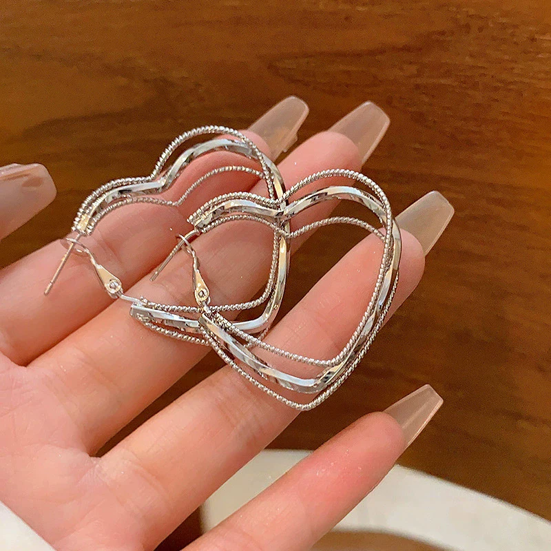 Vintage Silver Color Heart Hoop Earrings For Women Fashion Metal Multilayer Temperament Geometry Dangle Earrings Jewelry Gifts