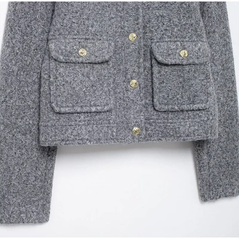 Elegant Woolen Blends Coat For Women O-neck Metal Button Gray Long Sleeve Pockets Jackets Autumn Lady High Street Outwear