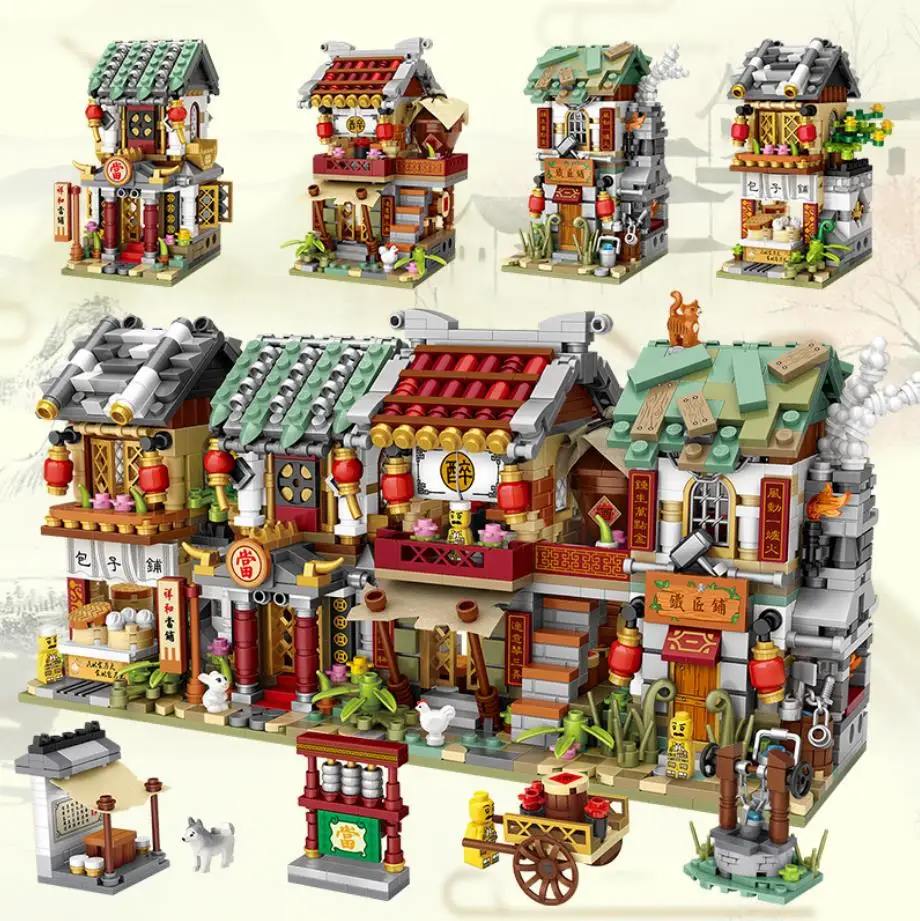 

Creative Chinatown Mini Block China City Street View Blacksmith Steamed Bun Shop Pawnshop Pub Architecture Building Brick Toys