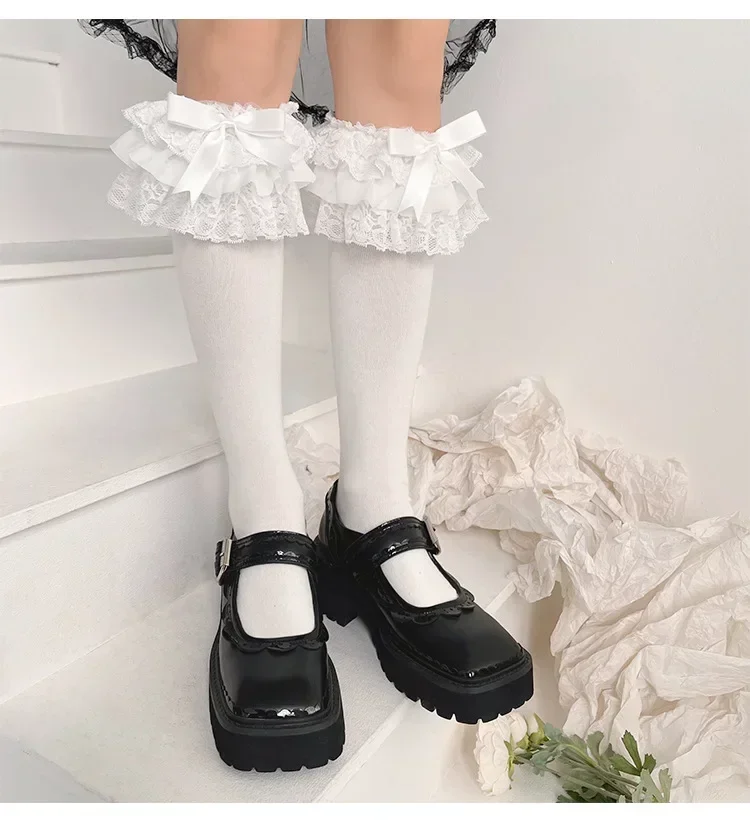 Mädchen Lolita Strümpfe Y2k Rüschen Lange Socken Strümpfe Japanischer Stil Kawaii Schleife Niedliche Spitzenarbeit Kniestrümpfe Strümpfe – Detail 5