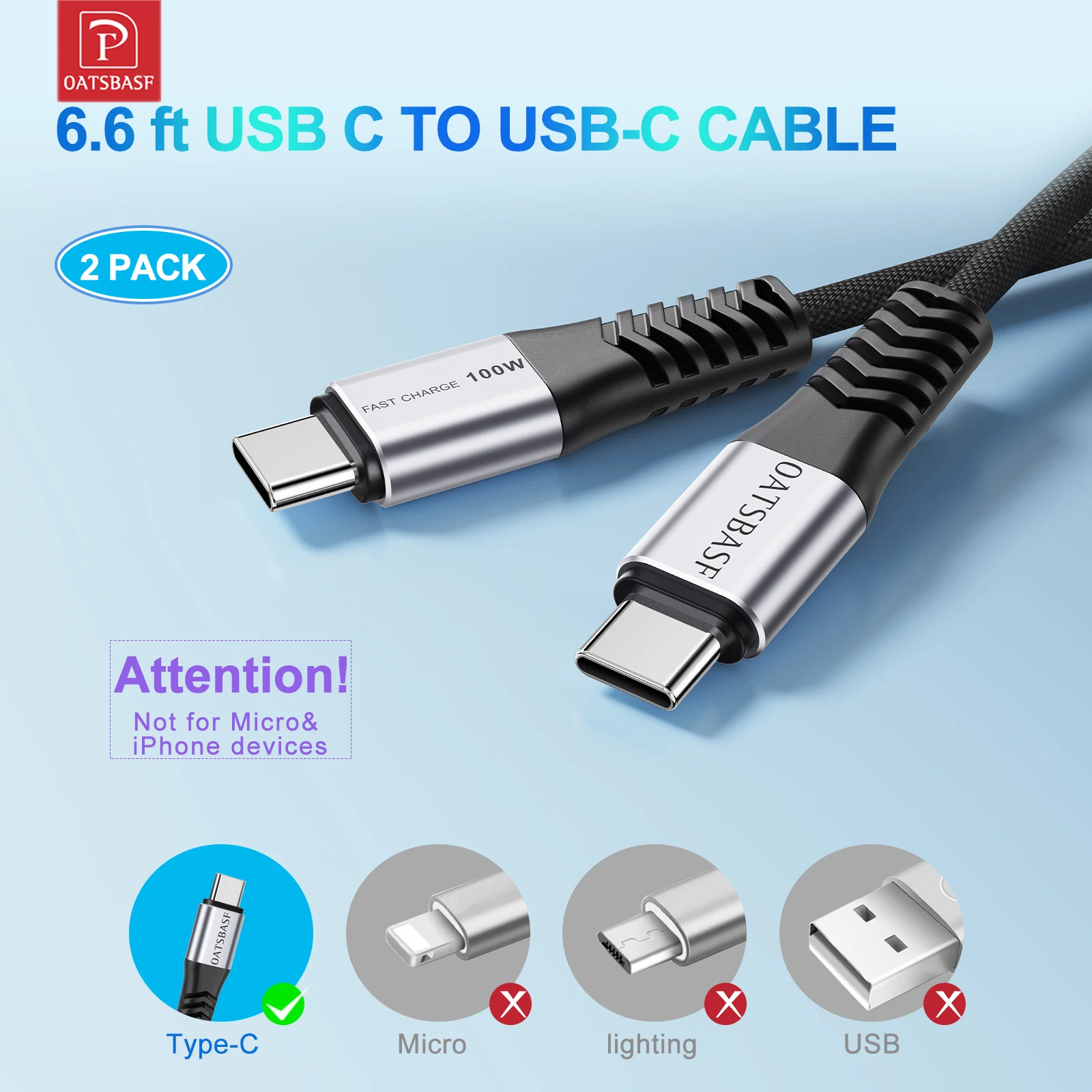

Oatsbasf 2 Packs 6.6ft USB C to USB C Cable 100W 5A Fast Charge USB Data Cord for Type C Phone Laptop Notbook Data Transfer