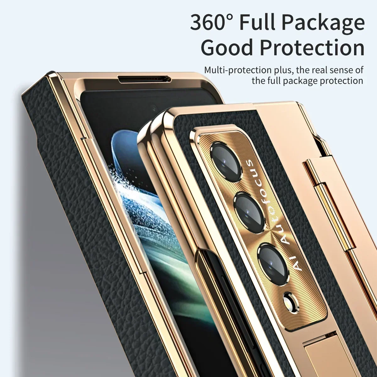 With Screen Protector Luxury Leather Case for Samsung Galaxy Z Fold 6 5 Fold4 Fold3 5G One-Piece Plating Stand Cover Gold | Gaffar India