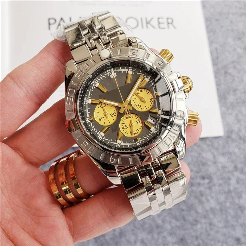 

Luxury New New Mens Quartz Chronograph Watch Stainless Steel Silver Gold Black Blue Dial Stopwatch Reloj Hombre