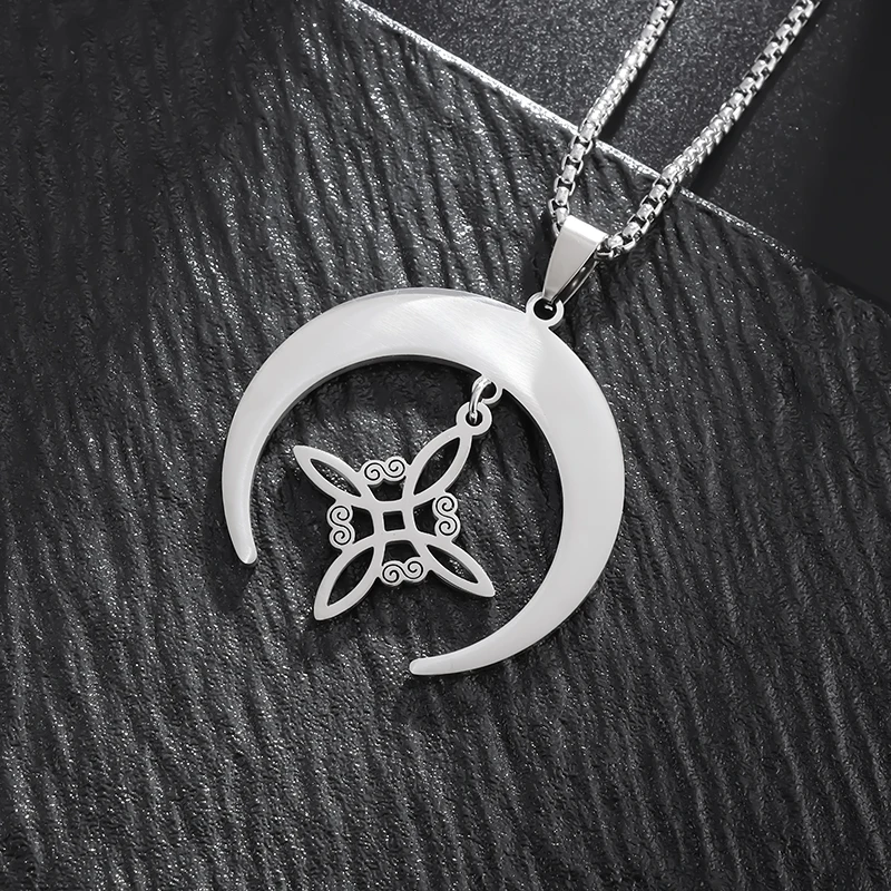 

Classical Stainless Steel Witch Knot Moon Symbol Pendant Necklace for Men Women Celtic Knot Amulet Jewelry Accessories Gifts